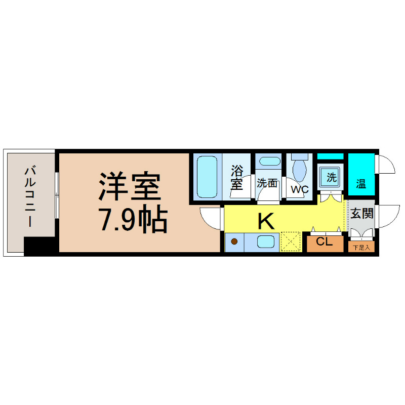 ＣＡＳＡプラスアルファ名駅南（カーサプラスアルファメイエキミナミ） 間取図　洋室7.9帖　脱衣洗面所　南面バルコニー
