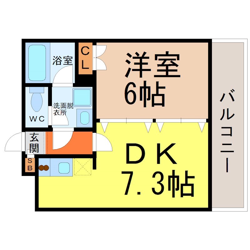 こうしょう庵 間取図　ＤＫ7.3帖　洋室6帖　脱衣洗面所　バルコニー