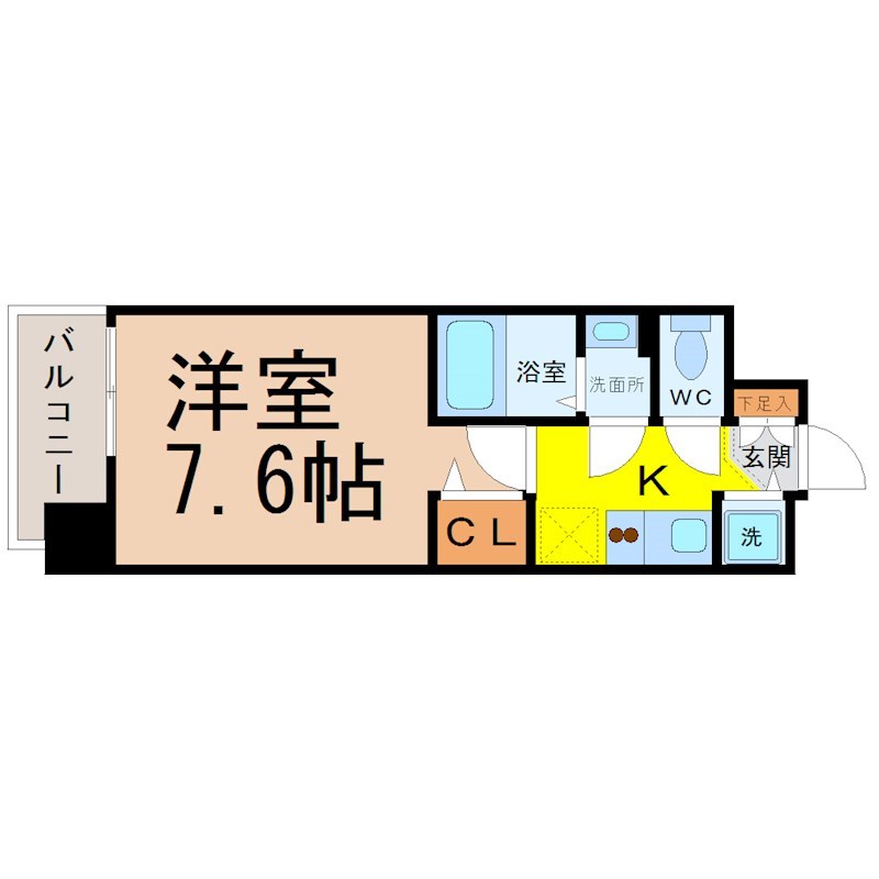 プレサンス名古屋STATIONディーヴァ 間取り　洋室7.6帖　脱衣洗面所　バルコニー