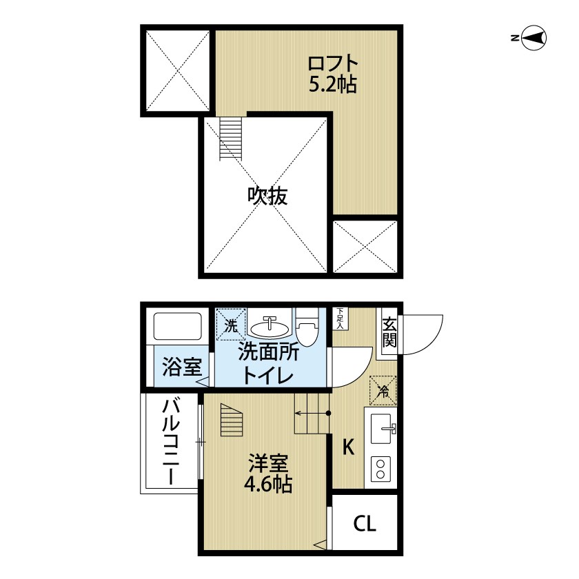 Ｖａｄｏｏ（ヴァドゥ） 間取図　洋室4.6帖　ロフト5.2帖　脱衣洗面所　バルコニー