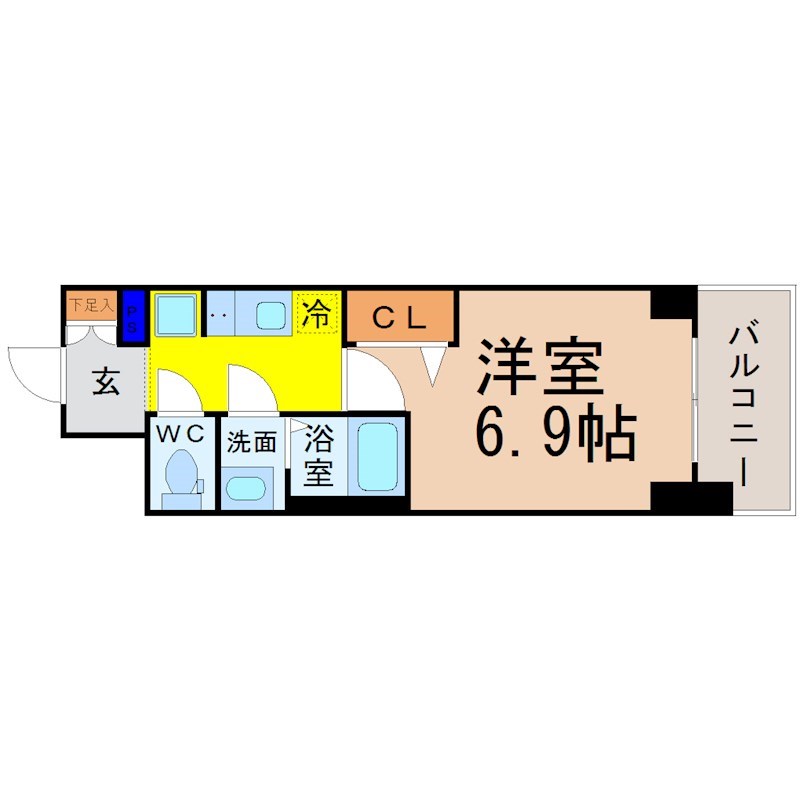 プレサンスＴＨＥ久屋大通レジェンド 間取図　洋室6.9帖　脱衣洗面所　バルコニー