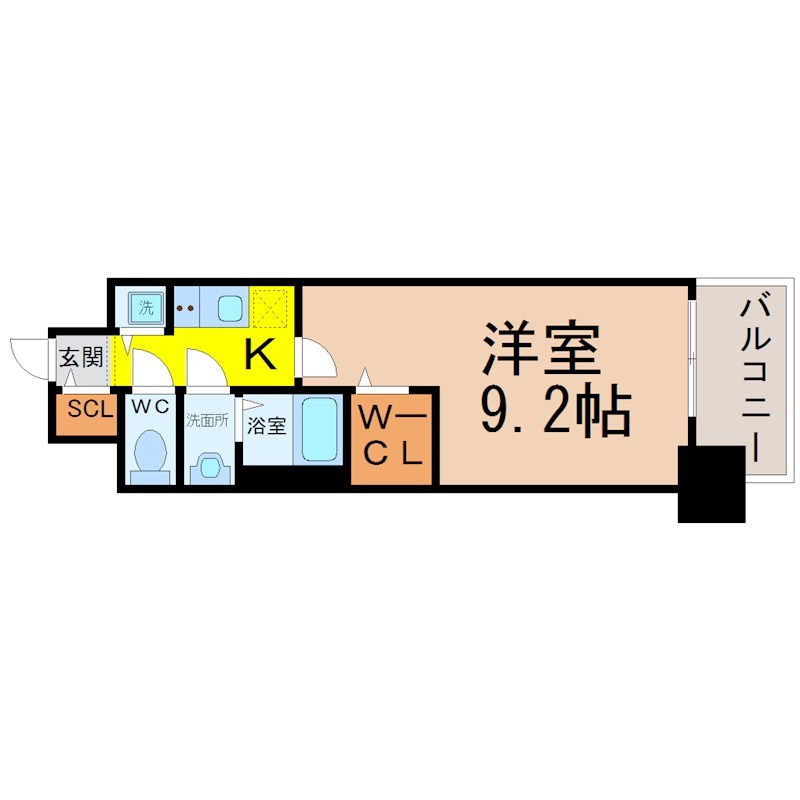 プレサンスジェネ鶴舞 間取図　洋室9.2帖　脱衣洗面所　ウォークインクローゼット