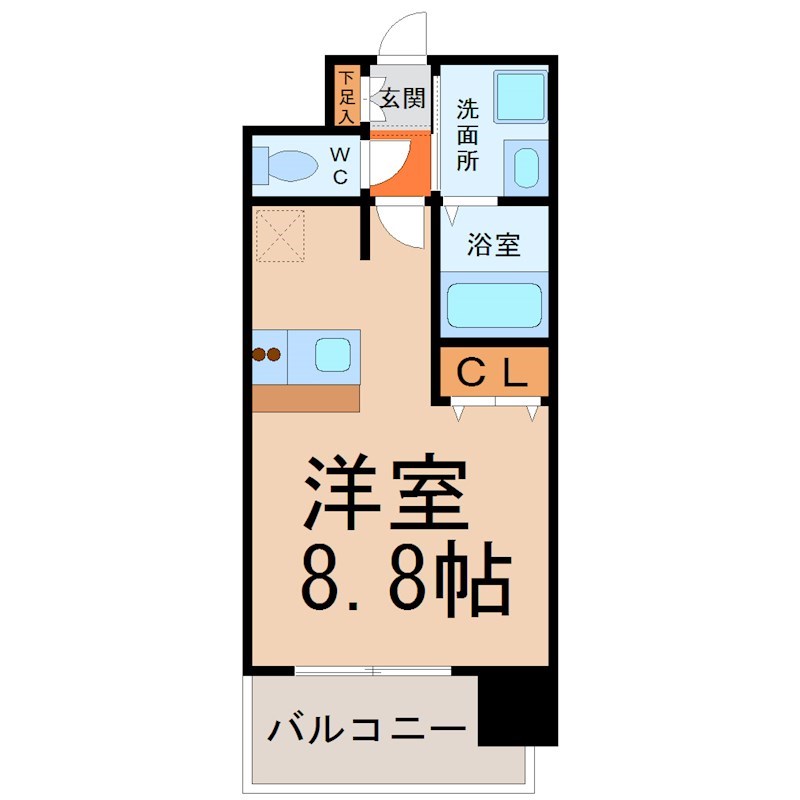 プレサンス桜通グレイス 間取図　洋室8.8帖　脱衣洗面所　カウンターキッチン