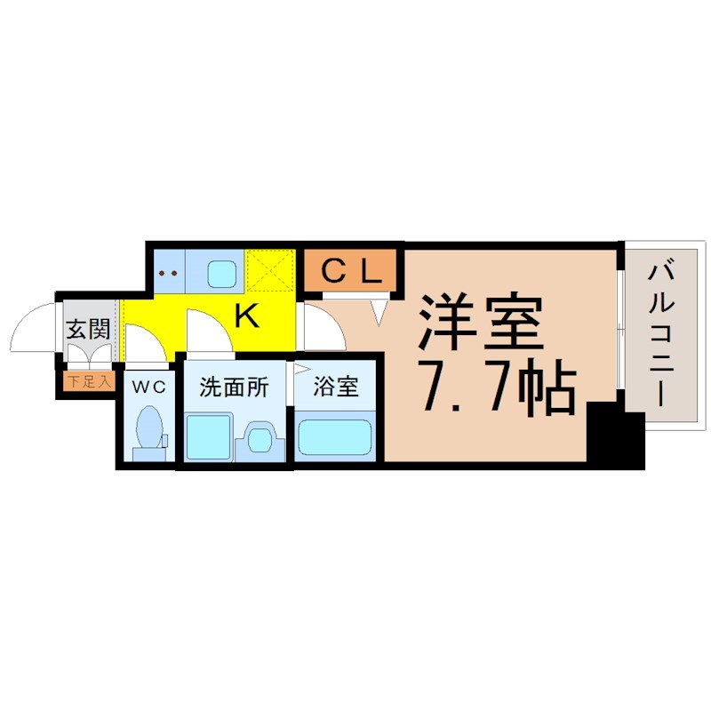 プレサンス桜通ザ・タイムズ 間取図　洋室7.7帖　脱衣洗面所　バルコニー