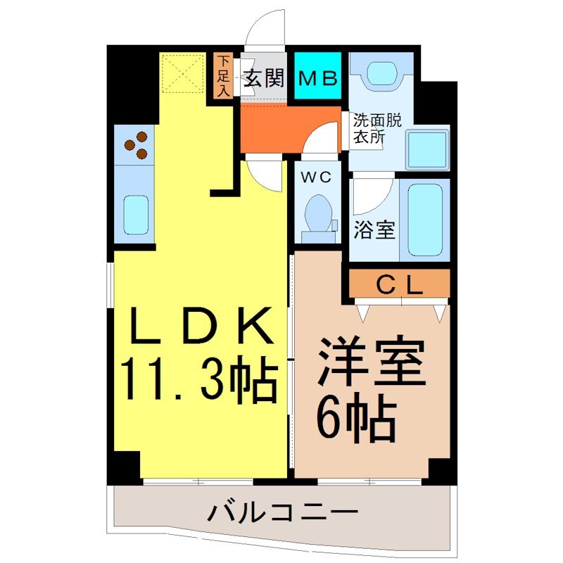 プレサンス泉シティアーク 間取図　ＬＤＫ11.3帖　洋室6帖　脱衣洗面所　バルコニー