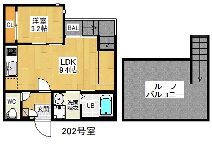 ＧＲＡＮＤＴＩＣ金山東 間取図　ＬＤＫ9.4帖　洋室3.2帖　脱衣洗面所　バルコニー