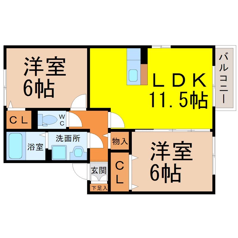 レクスト赤坂 間取図　ＬＤＫ11.5帖　脱衣洗面所　南面バルコニー