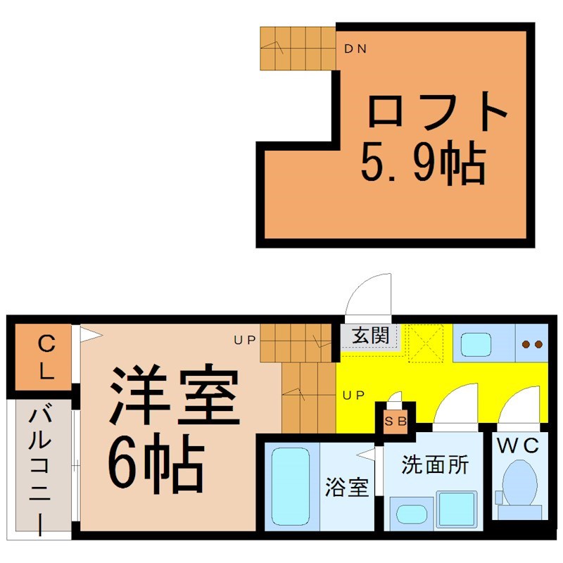 リブフラット藤江 間取図　洋室6帖　ロフト5.9帖