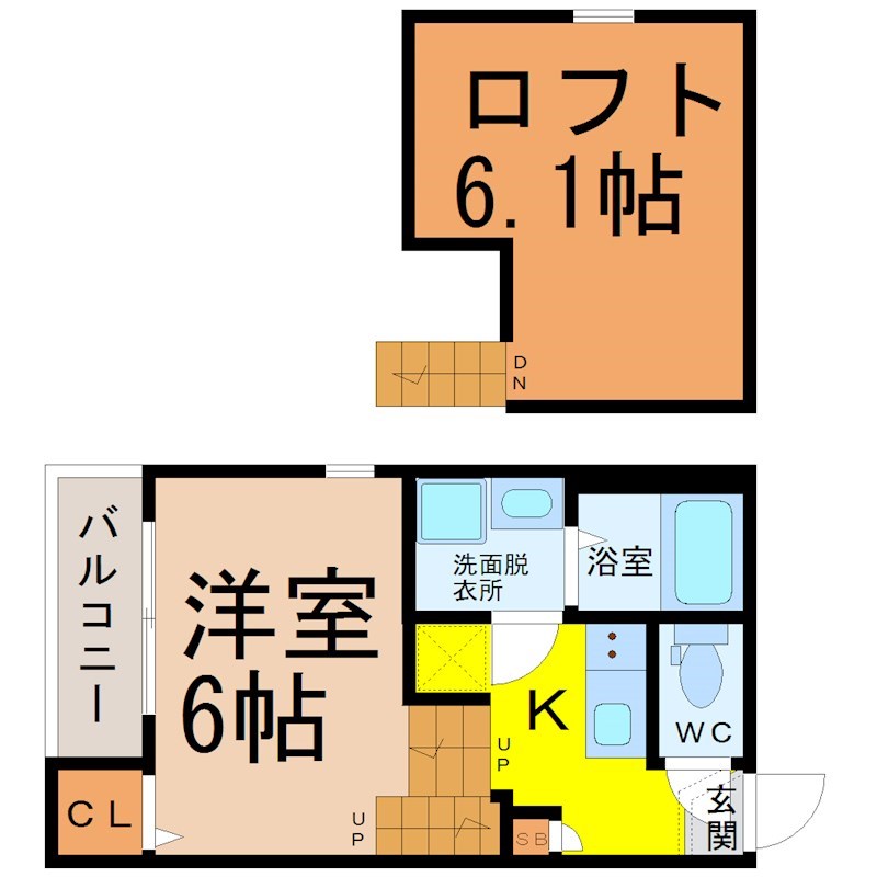 ハーモニーテラス高須賀町 間取図　洋室6帖　ロフト6.1帖　脱衣洗面所　バルコニー