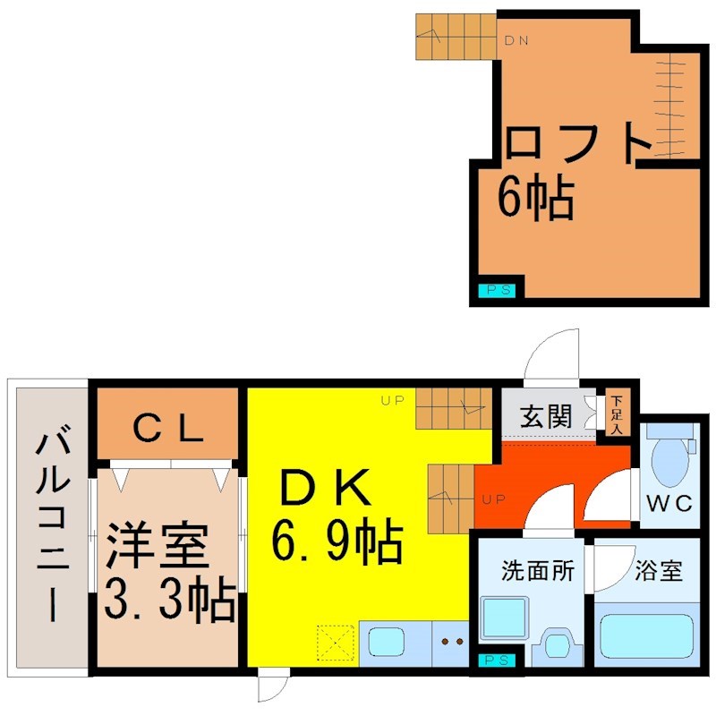FAMILY　STAGE道徳Ｉ（ファミリーステージ道徳I） 間取図　ＤＫ6.9帖　洋室3.3帖　ロフト6帖　脱衣洗面所