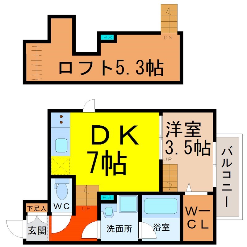 FAMILY　STAGE道徳Ｉ（ファミリーステージ道徳I） 間取図　ＤＫ7帖　洋室3.5帖　ロフト付　脱衣洗面所