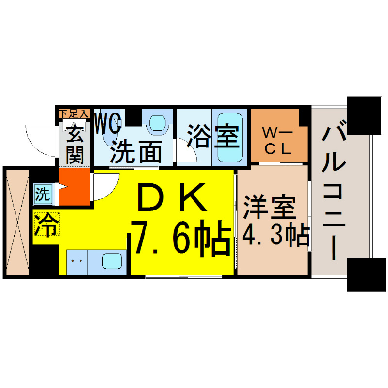 ＫＤＸ千早レジデンス 間取図　ＤＫ7.6帖　洋室4.3帖　ウォークインクローゼット