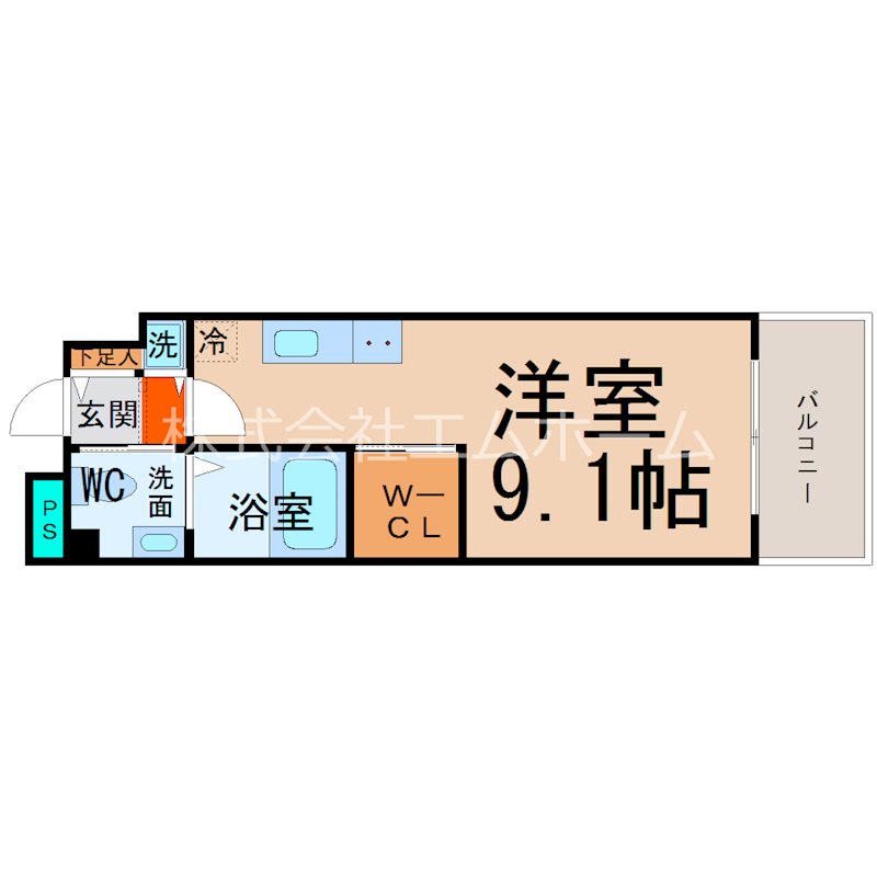 ＫＤＸ千早レジデンス 間取図　洋室9.1帖　脱衣洗面所　ウォークインクローゼット