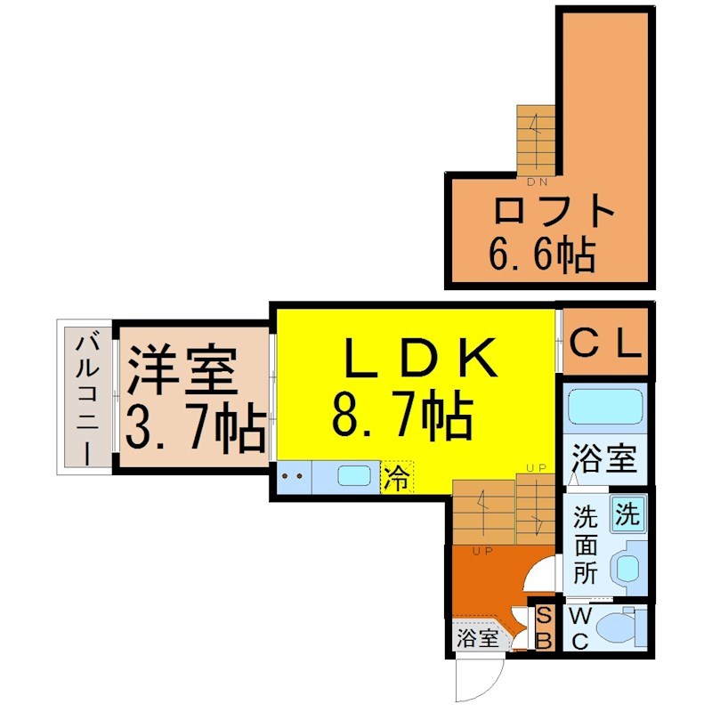 Ｔａｒｙ大秋町（タリー大秋町） 間取図　ＬＤＫ8.7帖　洋室3.7帖　ロフト付　脱衣洗面所