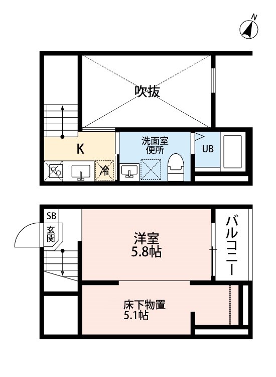 ＣＲＡＳＴＩＮＥ道徳 間取図　洋室5.8帖　アンダーロフト5.1帖　脱衣洗面所