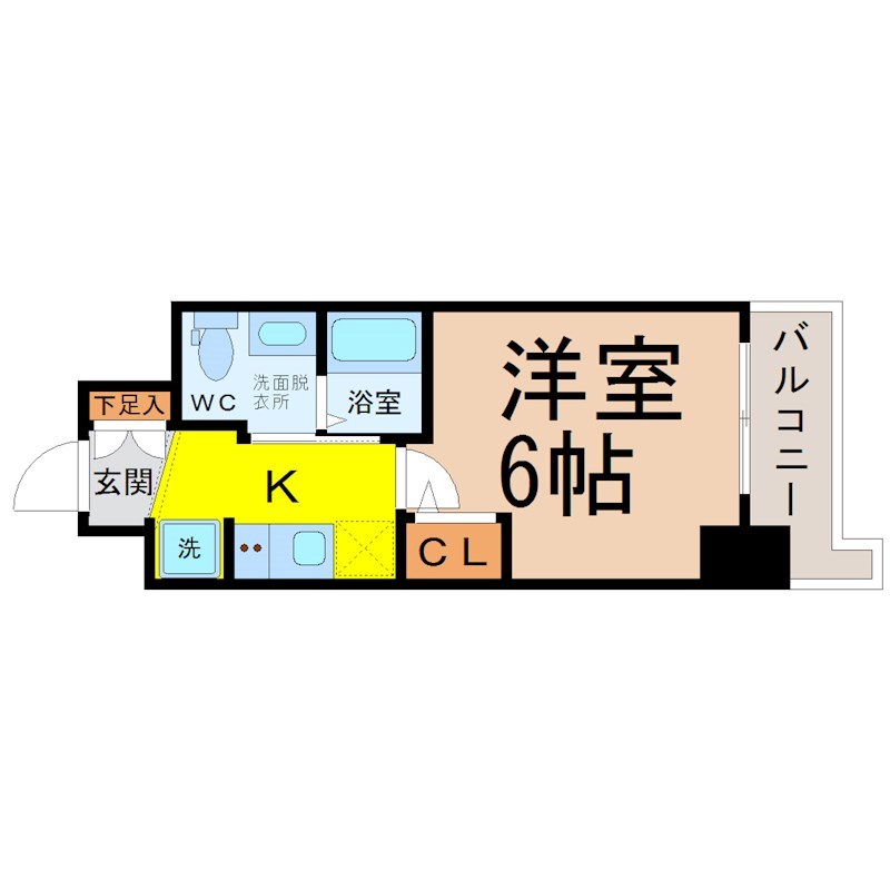 エステムコート名古屋新栄IIアリーナ 間取図　洋室6帖　脱衣洗面所　クローゼット付　バルコニー