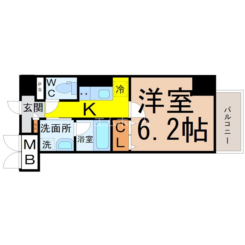 レガーロ 間取り　洋室6.2帖　脱衣洗面所　クローゼット付