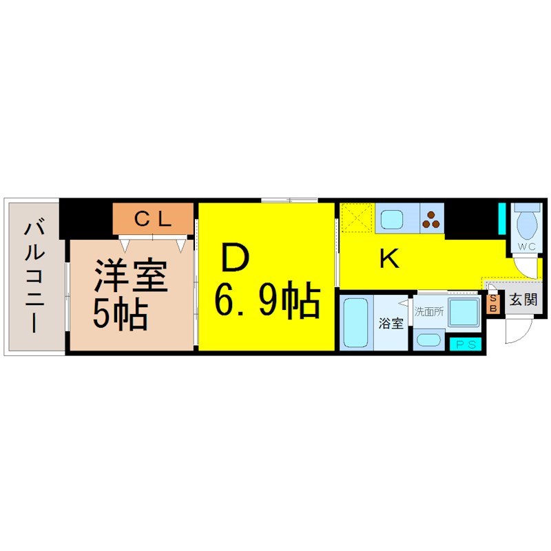 カトルセゾン金山 間取図　ダイニング6.9帖　洋室5帖　脱衣洗面所　バルコニー