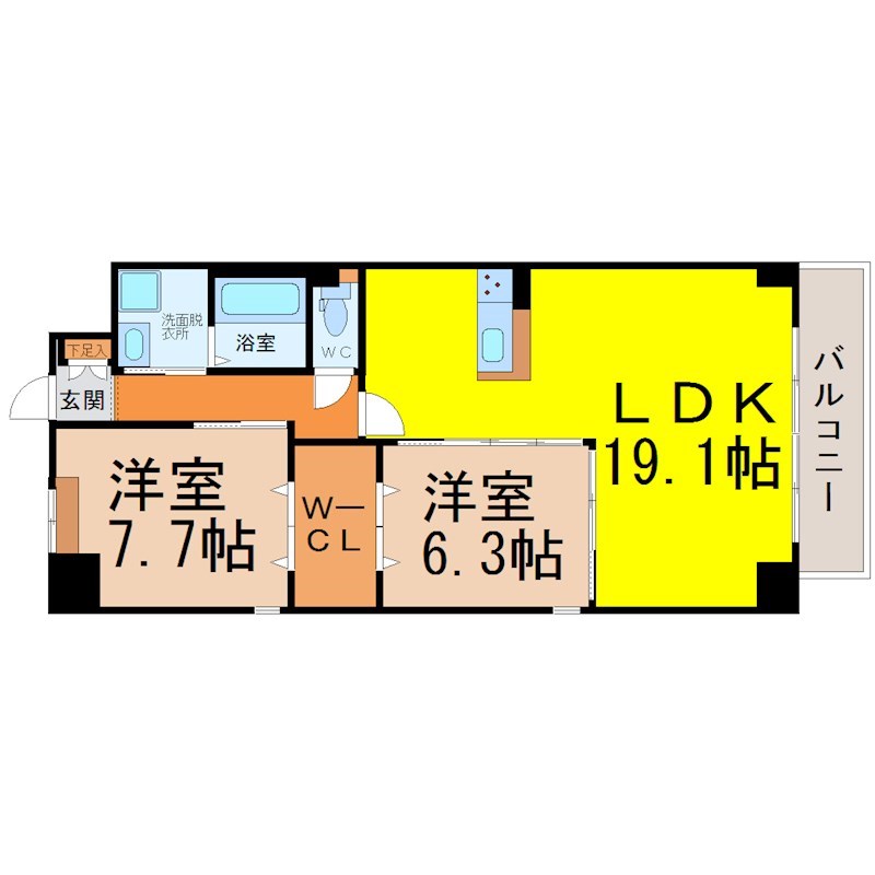 オルソパール伝馬 間取図　ＬＤＫ19.1帖　脱衣洗面所　南面バルコニー