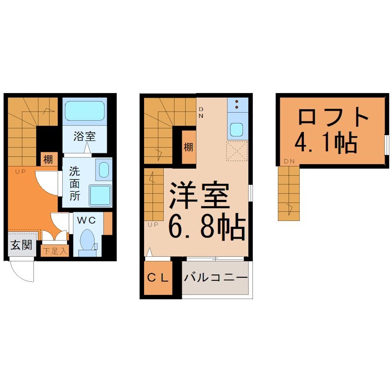 ハーモニーテラス高須賀町 間取図　洋室6.8帖　ロフト4.1帖　脱衣洗面所　バルコニー