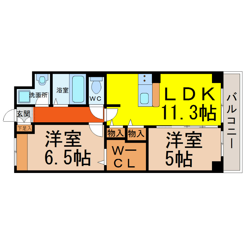 ラピス・ラズリ 間取り　ＬＤＫ11.3帖　洋室2部屋　南面バルコニー