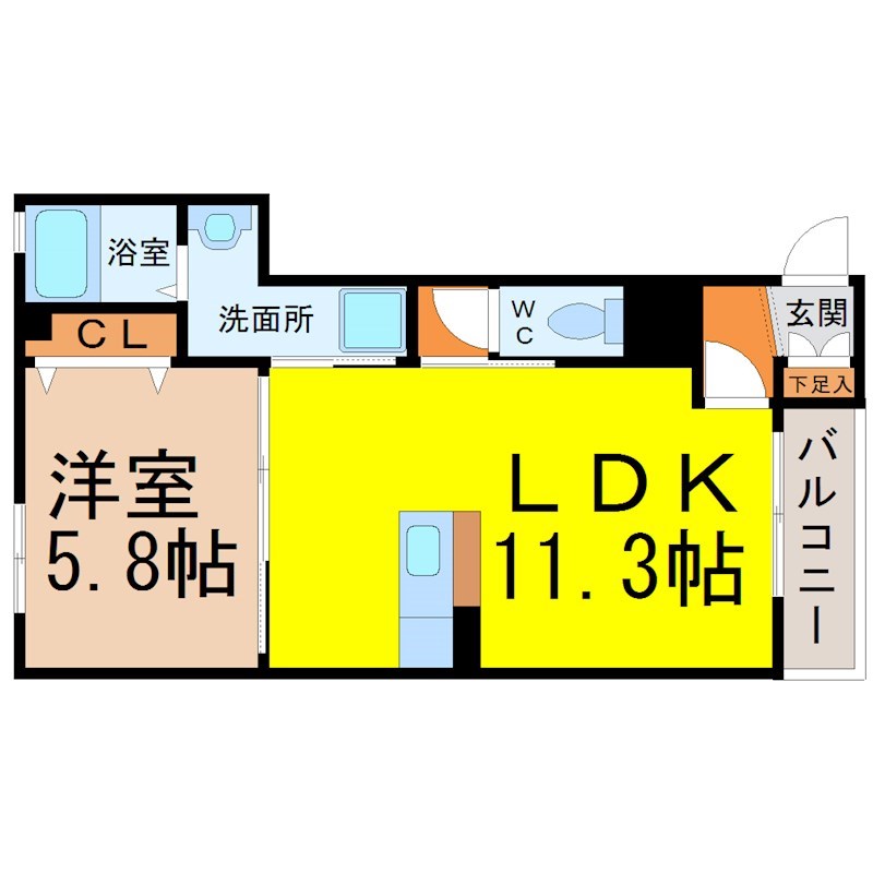 アイリスコート 間取図　ＬＤＫ11.3帖　洋室5.8帖　脱衣洗面所