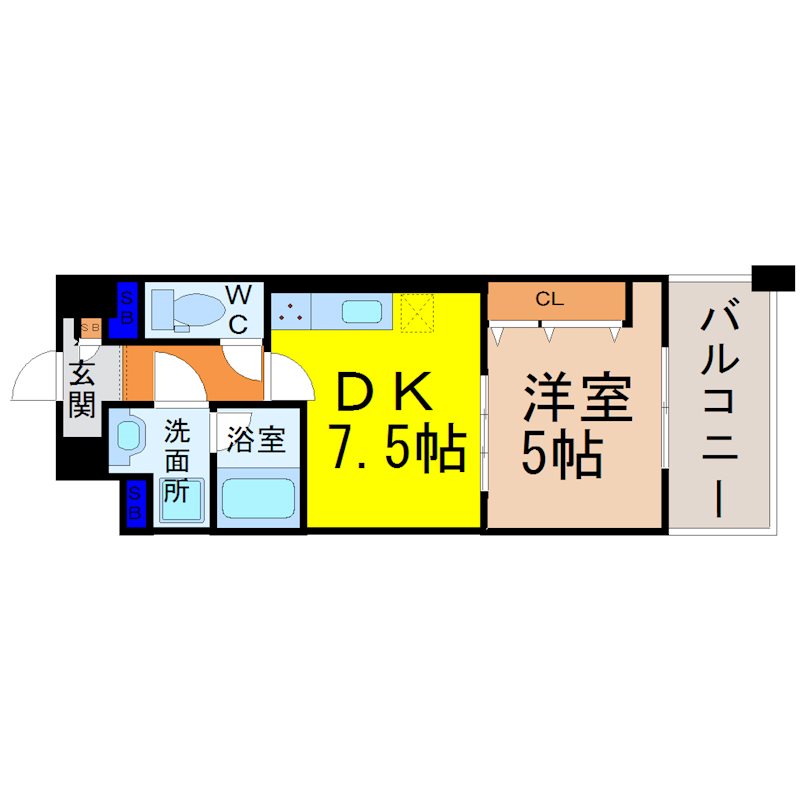 プレスティ則武 間取り　DK7.5帖　洋室5帖　脱衣洗面所