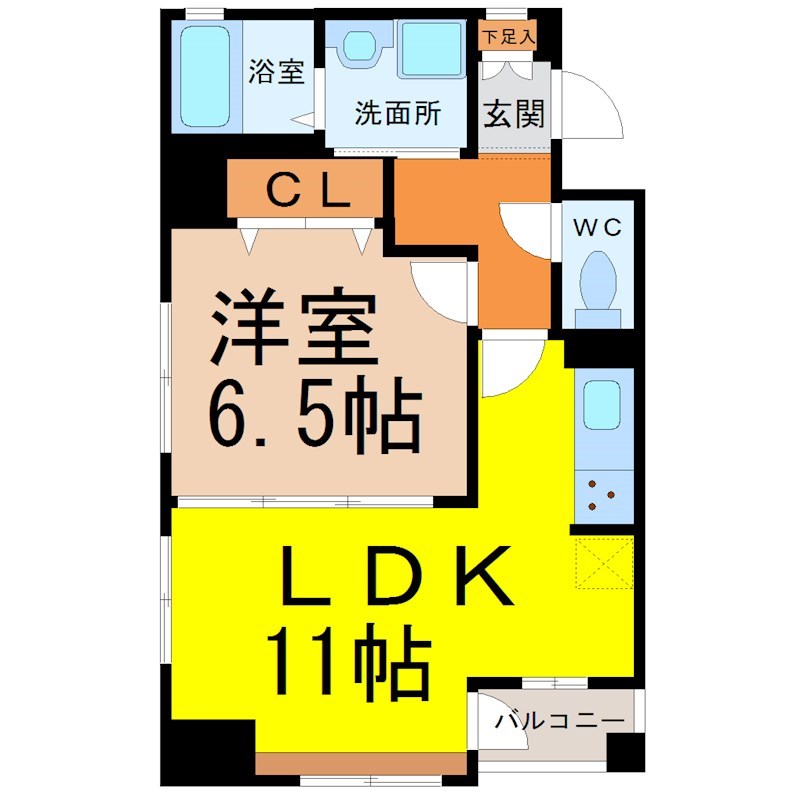 アーバンラックス今池 間取図　ＬＤＫ11帖　洋室6.5帖　脱衣洗面所　バルコニー