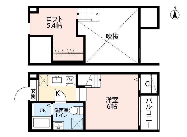 有縁（ウーエン） 間取図　洋室6帖　ロフト5.4帖　脱衣洗面所