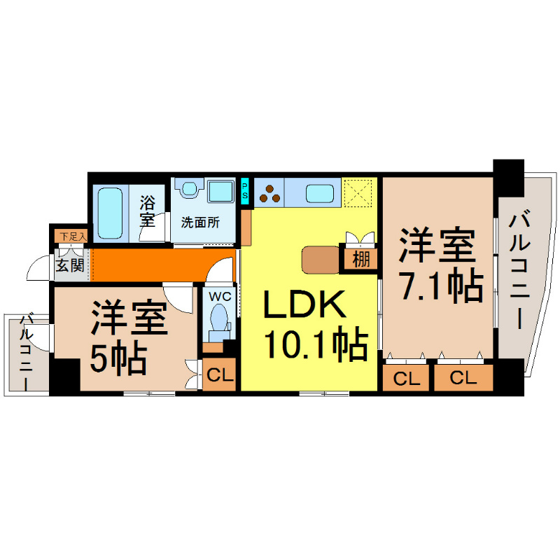 プレミアマルシェ白壁 間取図　ＬＤＫ10.1帖　洋室7.1帖