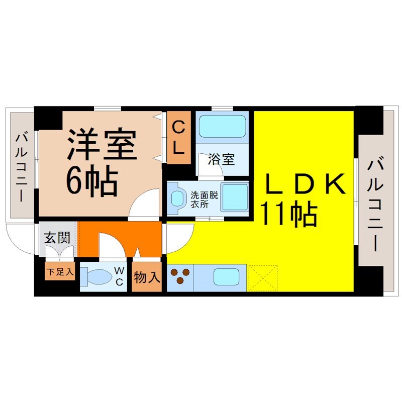シャルマン砂田 間取り　ＬＤＫ11帖　洋室6帖　脱衣洗面所