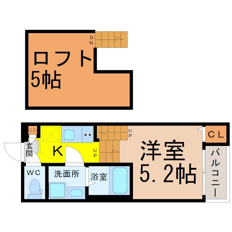 ハーモニーテラス二ツ橋 間取図　洋室5.2帖　ロフト5帖　脱衣洗面所