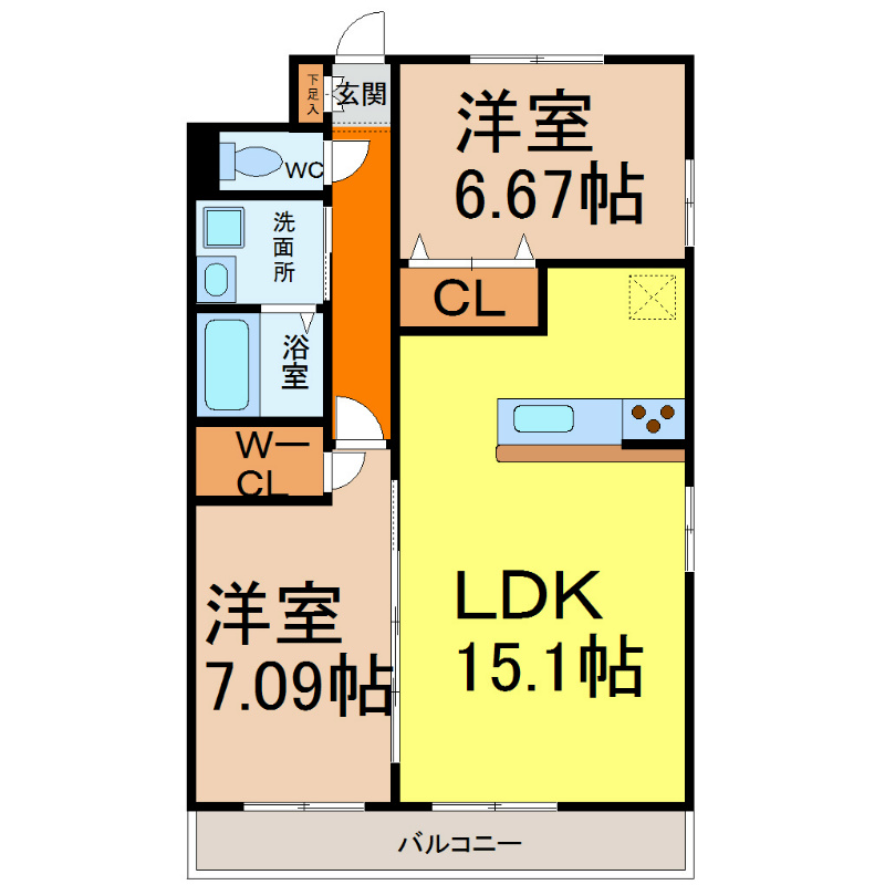 ＧＲＡＮＤＵＫＥ鶴舞（グランデューク鶴舞） 間取図　ＬＤＫ15.1帖　脱衣洗面所　南面バルコニー