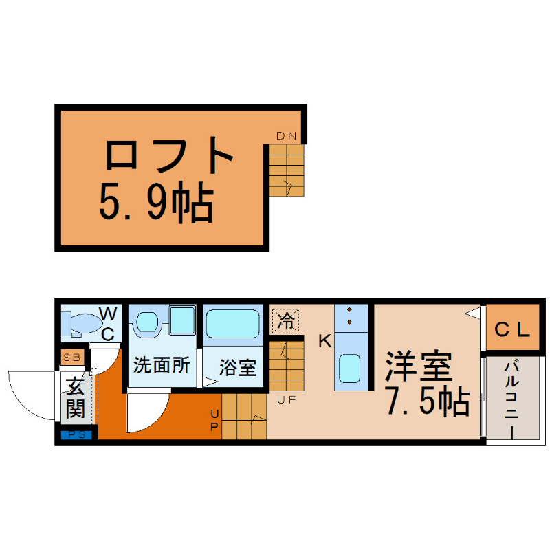 ＡＲＶＩＴＡ（アルヴィータ） 間取図　洋室7.5帖　ロフト5.9帖　脱衣洗面所　バルコニー