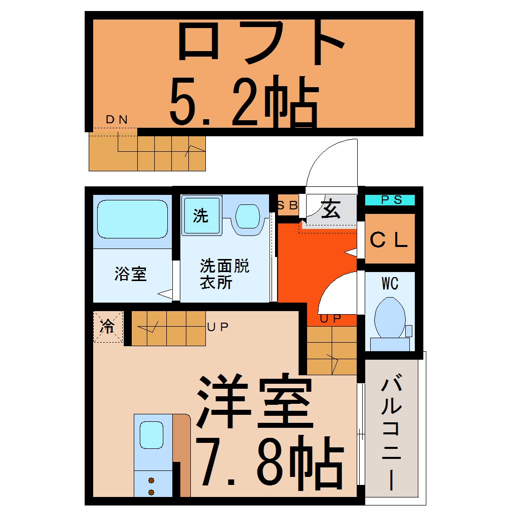 ＢｌｕｅＴｏｐａｚ（ブルートパーズ） 間取図　洋室7.8帖　ロフト5.2帖　脱衣洗面所　バルコニー