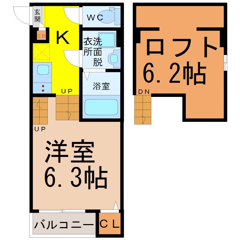 ｉーＦＬＡＧ（アイフラッグ） 間取図　洋室6.3帖　ロフト6.2帖　脱衣洗面所　バルコニー