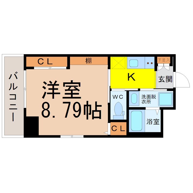 愛知県名古屋市東区葵１丁目 間取図　洋室8.79帖　脱衣洗面所　バルコニー