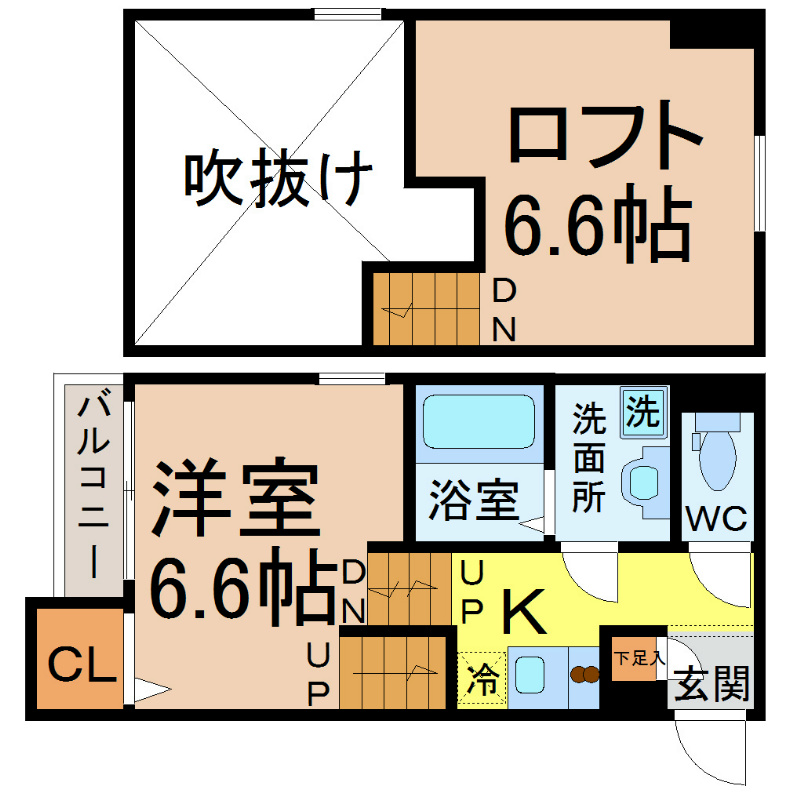 パークサイド北斗 間取図　洋室6.6帖　ロフト6.6帖　脱衣洗面所