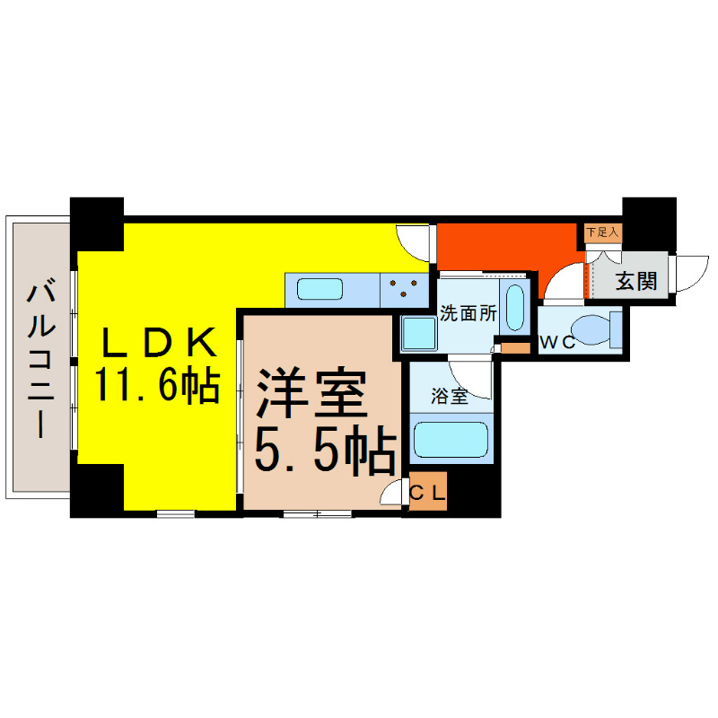 スタジオスクエア大須 間取図　ＬＤＫ11.6帖　洋室5.5帖　バルコニー