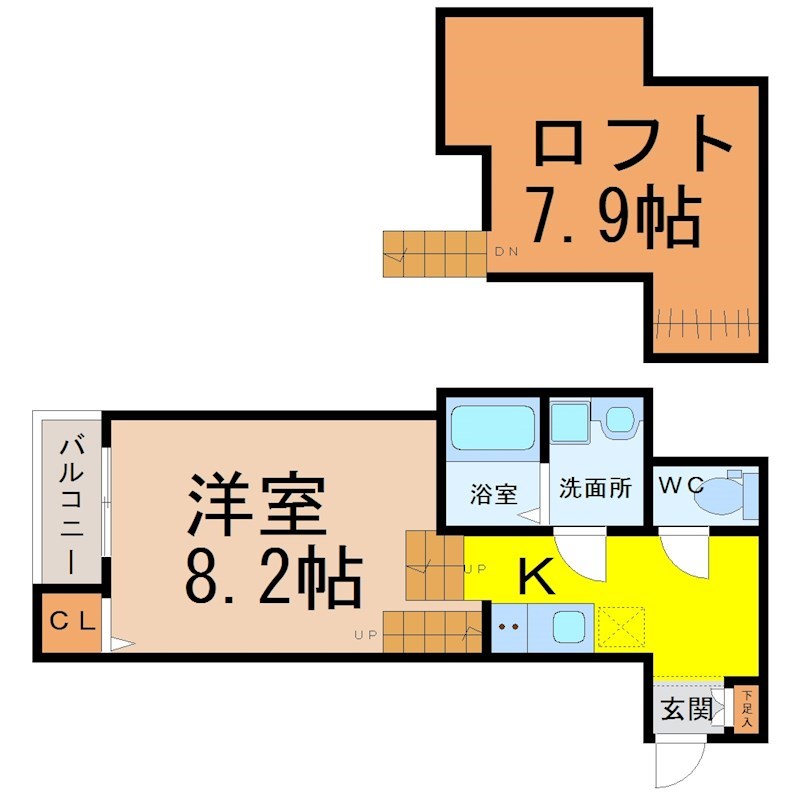 ＰａｒｋＳｉｄｅＦｕｋｉａｇｅ（パークサイド吹上） 間取図　洋室8.2帖　ロフト7.9帖　脱衣洗面所　バルコニー