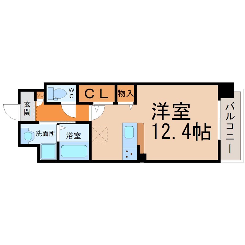 マ・メゾン 間取図　洋室12.4帖　脱衣洗面所　南面バルコニー
