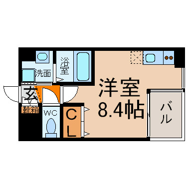 アルバ則武新町 間取図　洋室8.4帖　脱衣洗面所　南面バルコニー
