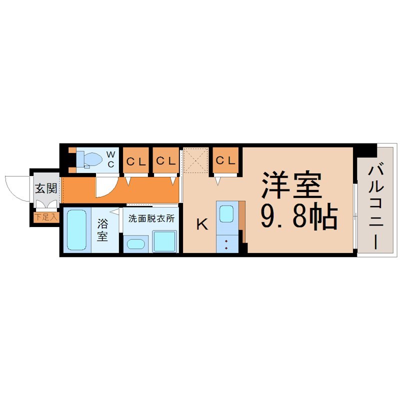 アスティオン 間取図　洋室9.8帖　脱衣洗面所　南面バルコニー