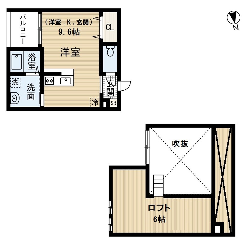 ＷＩＮ荒子 間取図　洋室9.6帖　ロフト6帖　脱衣洗面所　バルコニー