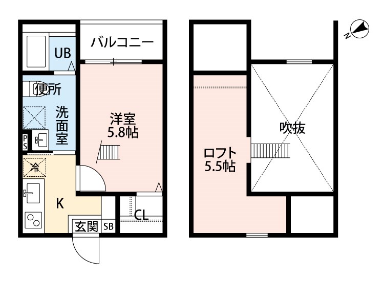 Ｅｎｄｏｒ鳴海（エンドアナルミ） 間取図　洋室5.8帖　ロフト5.5帖　脱衣洗面所　バルコニー