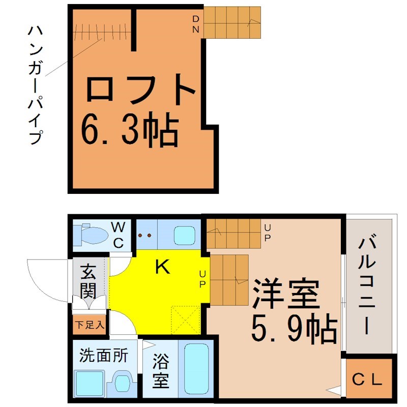 アルバーノ鶴舞Ｒｉｃｃｏ 間取図　洋室5.9帖　ロフト6.3帖　脱衣洗面所　バルコニー