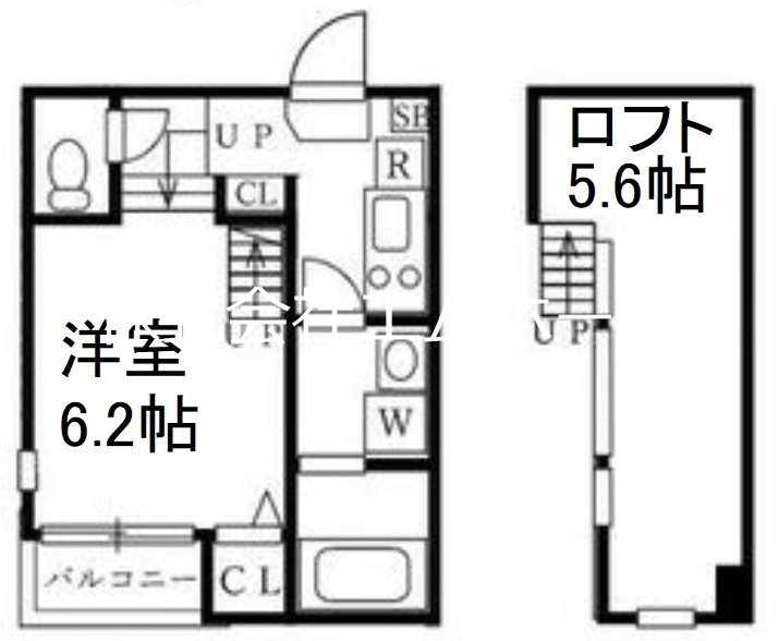 アップハウス 間取図　洋室6.2帖　ロフト5.6帖　脱衣洗面所　バルコニー