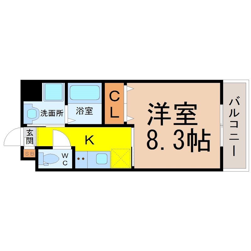 プランセス新瑞橋 間取図　洋室8.3帖　脱衣洗面所　バルコニー
