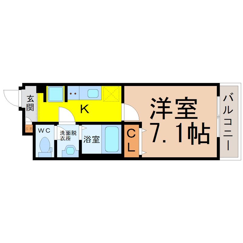 リブリ・志賀本通 間取図　洋室7.1帖　脱衣洗面所　クローゼット付　バルコニー