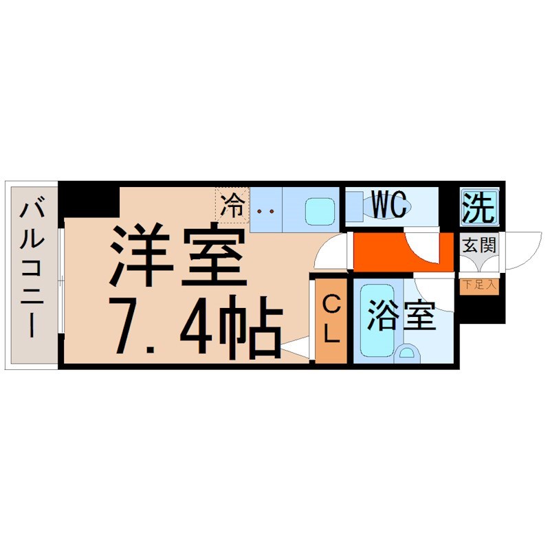 スペーシア堀田 間取図　洋室7.4帖　バストイレ別　バルコニー